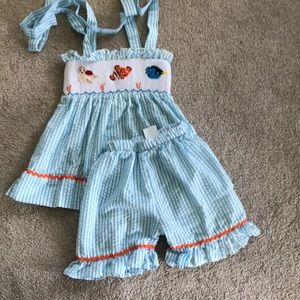 Finding dory smocked striped blue shorts set